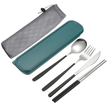 uxcell Travel Utensils with Case Stainless Steel Portable Silverware, Dark Green/Silver - color: Dark Green/Silver