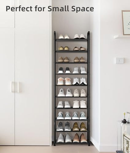 STORAGE MANIAC 10-Tier Tall Shoe Rack, 20 Pairs Narrow Slim Shoe Shelf, Metal Frame Shoes Stand for Small Space, Space-Saving Shoes Organizer, Vertical Shoes Tower for Garage, Entryway, Closet, Dorm