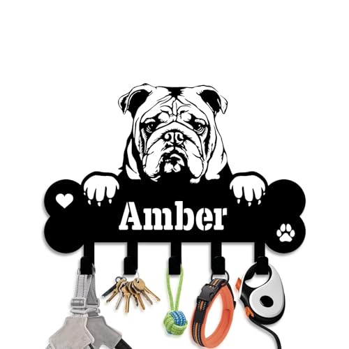 NIWAHO Personalized Dog Leash Holder Wall Mount - Custom Bulldog Metal Silhouette Sign with Bone Key Hooks, Entryway & Pet Room Organizer Decor - color: Bulldog