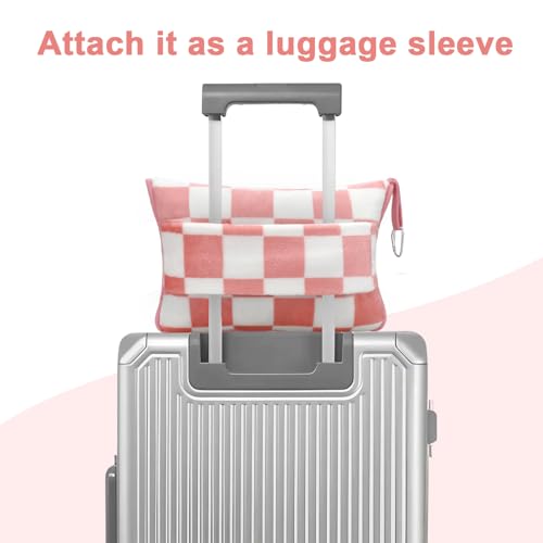 Travel Blanket and Pillow Compact, Premium Soft 2 in 1 Airplane Blanket with Soft Bag Pillowcase，Hand Luggage Sleeve and Backpack Clip (Ckeckered Pink) - color: Checkered Pink