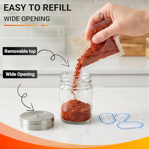 Segarty 1.7oz Mini Spice Jars with Metal Shaker Lids, 3 Pack 50ml Glass Seasonings Containers Adjustable Pour Holes for Kitchen Organization Condiments Storage, Salt Pepper Shakers 3 Labels for Picnic - size: 1.7oz / 50ml