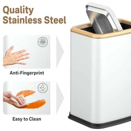 2.1 Gal Slim Bathroom Trash Can with Swing Lid, Rustproof Stainless Steel Small Garbage Can for Narrow Spaces & Toilet Side, Dog Proof Odor Control Waste Basket for Bedroom/Office, White - color: White