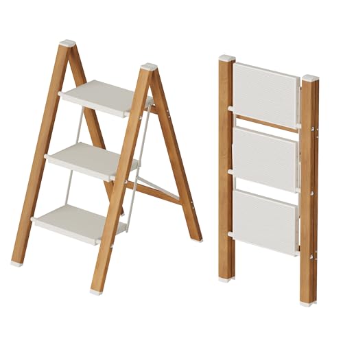 Mayi Plus 3 Step Lightweight Aluminum Folding Ladder, Portable Step Stool with Wide Anti-Slip Pedals, 330 lbs Capacity for Home,Cleaning Tasks（White&Woodgrain） - color: White&woodgrain, size: 3 Step