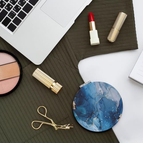 Navy Blue Gold Marble Agate Style Print Foldable Travel Pocket Mirror Round PU Leather Portable Mini Makeup Double Sided Handheld Magnifying,2.6 in - color: Navy Blue Gold Marble Agate Style