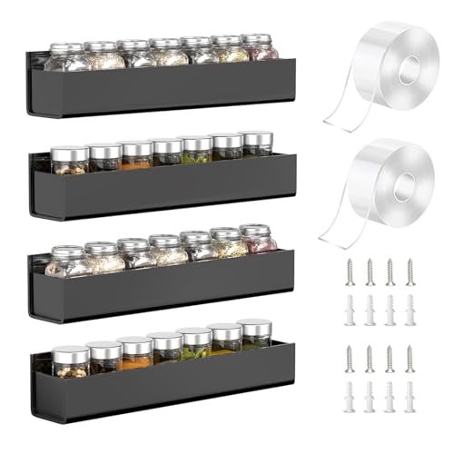 PMMASTO Adhesive Acrylic Spice Rack Organizer for Wall with Nano Double Sided Tape, Spice Shelf Organization for Kitchen Cabinet Door/Pantry Door, Wall Mount Seasoning Rack (Black - 4 Pack) - color: Black, size: 4 Pack-12" (Rack Only)