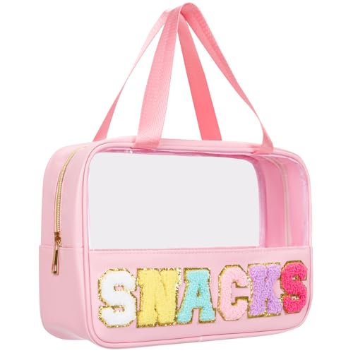 Snack Bag Clear Chenille Varsity Letter Zipper Pouch for Travel Preppy Cosmetic Bag Clear Cosmetic Bag Makeup Travel Bag for Women - color: Pink