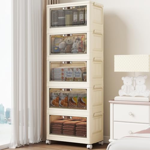 5 Tier - 34QT Storage Bins with Lids, Collapsible Storage Bins with Doors and Wheels, Plastic Storage Cabinet for Easy Storage and Organization for Living Room, Office - size: 40Gal-5pack