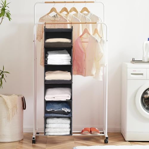 MAX Houser 6 Tier Shelf Hanging Closet Organizer, Closet Hanging Shelf with 2 Sturdy Hooks for Storage, Foldable (Grey) - color: Grey