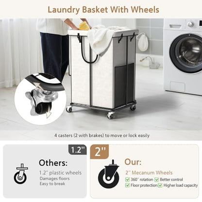 40 Gal Large Laundry Hamper with Lid, Rolling Laundry Basket with Wheels, Oxford Fabric Dirty Clothes Hampers with Removable Laundry Bag & Metal Frame for Bedroom, Laundry Room, Bathroom, Dorm(White) - color: White-2