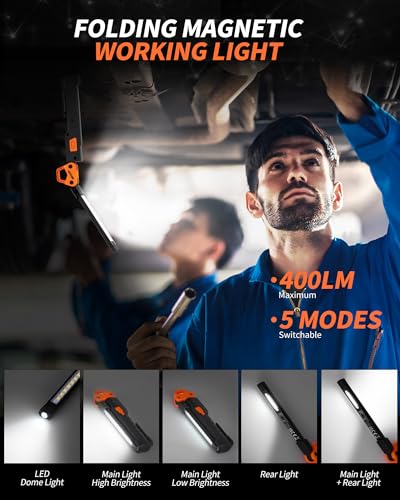 Led Work Light,400LM Foldable Mechanic Light, Rechargeable Flashlight with 5 Modes, 230° Rotate and Hook Magnetic Light for Car Repair, Camping, Grill（1 Pack Upgrade） - color: Orangey