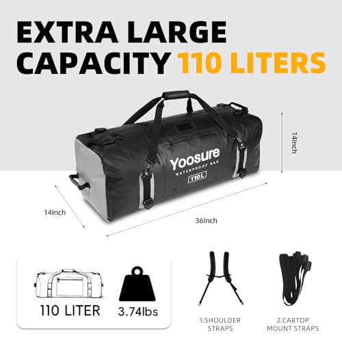 110L Waterproof Duffel Bag 35IN - Airtight Zipper Dry Bags, Extra Large Dry Bag with Straps&Handles for Camping Boating Kayaking Rafting Canoeing Gym Beach Car Roof Storage (Black) - color: Black