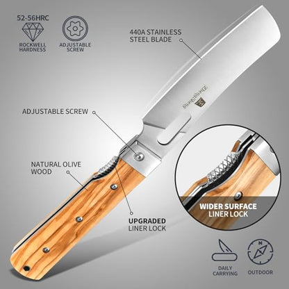 ZhengSheng Folding Chef Knife with Leather Pouch 4.8” Sharp 440A Stainless Steel Blade Olive Handle Pocket Foldable Japanese Style Kitchen Knife for Outdoor Camping BBQ trip Cooking. - color: #3 Natural Olive Handle - Leather Pouch
