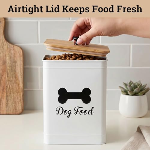 Dog Food Container Airtight 5-7 lb (25 Cup) Capacity - Cute Airtight Dog Food Storage Container with Bamboo Lid & Sturdy Metal Handle - White Metal Kibble Storage Bin for Dogs up to 50 lbs - Pet Jar - color: White
