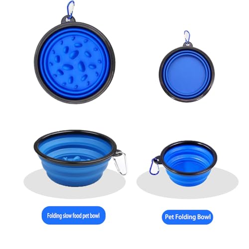 Pet Blue Collapsible Bowl Double Set - Slow Feeder Anti-Choke Bowl + Outdoor Portable,Foldable Dog Drinking,Slow Speed,Food&Dog pet Folding,Convenient,Foldable （Blue）