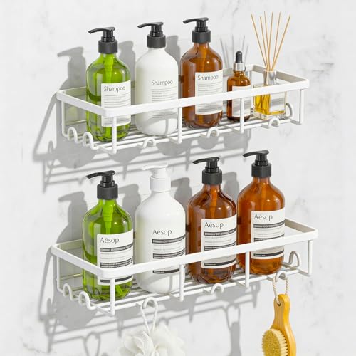 Adhesive Large Wall Shower Caddy Shelves for Inside Shower with Hooks | 2 Pack Shower Organizer Basket Rack, Shampoo Holder for Dorm Apartment RV Camper, Bathroom Storage and Organization, White - color: White, size: Large 2 Pack