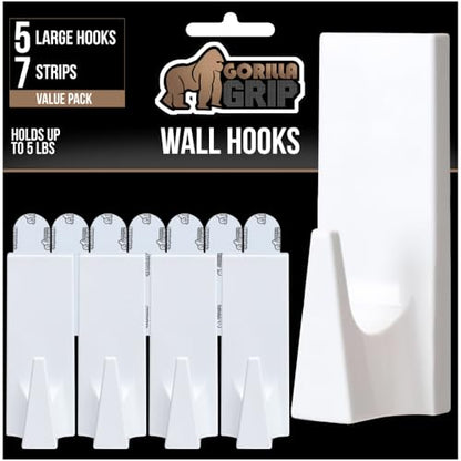 GORILLA GRIP Heavy Duty Reusable Wall Hooks for Hanging, Strong Easy Install Stick on Removable Adhesive Hook, No Nail Damage, Multisurface Use for Christmas Decorations, 5 Pack and 7 Strips, Plastic - size: 5 Pack (7 Strips)