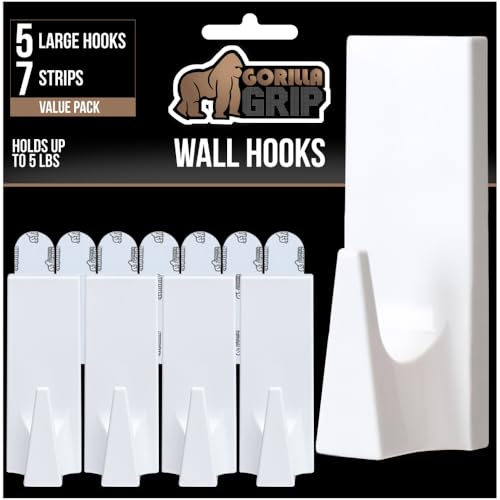 GORILLA GRIP Heavy Duty Reusable Wall Hooks for Hanging, Strong Easy Install Stick on Removable Adhesive Hook, No Nail Damage, Multisurface Use for Christmas Decorations, 5 Pack and 7 Strips, Plastic - size: 5 Pack (7 Strips)