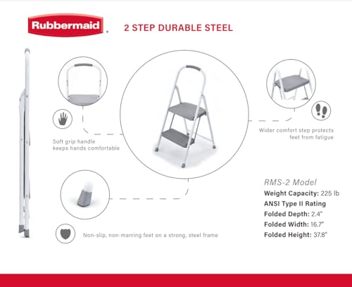Rubbermaid 2-Step Steel Step Stool Ladder with Hand Grip, ANSI Type 2 Duty Rating, 225 lb Capacity, White - style: 2-Step