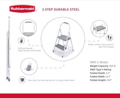 Rubbermaid 2-Step Steel Step Stool Ladder with Hand Grip, ANSI Type 2 Duty Rating, 225 lb Capacity, White - style: 2-Step