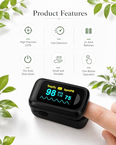 Healthtree JKS50B Pulse Oximeter Fingertip - Blood Oxygen monitor Fingertip with Perfusion Index, Fast 5-8s Reading, Large OLED Display, SpO2 & Heart Rate monitor for Home, Sports, Travel (Includes Batteries & Lanyard)