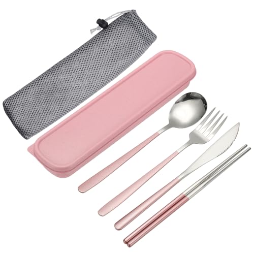 uxcell Travel Utensils with Case, Stainless Steel Portable Silverware, Pink/Silver - color: Pink/Silver