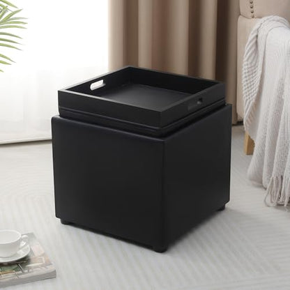 Adeco 17" Black Storage Ottoman Cube with Tray Lid, Small Footstool with Storage, Square End Table for Living Room & Bedroom - color: Black Leather With Tray