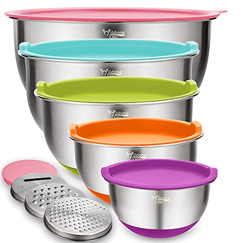 Wildone Mixing Bowls with Airtight Lids Set, 5PCS Stainless Steel Nesting Bowls for Kitchen, with Grater Attachments & Non-Slip Bottoms, Size 5, 3, 2, 1.5, 0.63 QT, for Baking & Serving (Colorful) - color: Multicolor