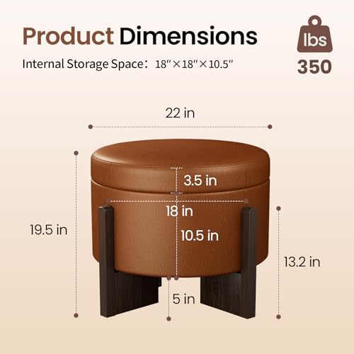 Faux Leather Round Ottoman, 22 Inch Storage Ottoman,PU Leather Ottoman,Multi-Functional Footrest for Living Room & Bedroom,Apartments (Light Brown, Round) - color: Light Brown