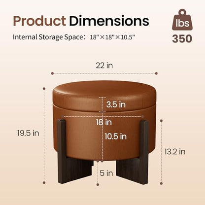 Faux Leather Round Ottoman, 22 Inch Storage Ottoman,PU Leather Ottoman,Multi-Functional Footrest for Living Room & Bedroom,Apartments (Light Brown, Round) - color: Light Brown