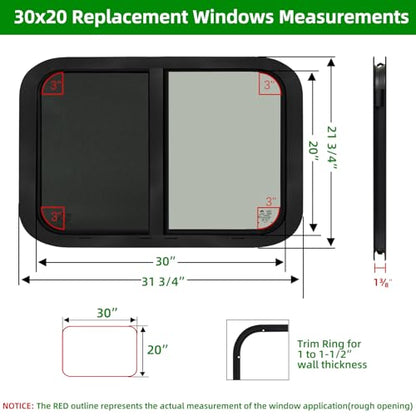 30"W x 20"H RV Window for Trailer Camper,Horizontal Sliding Replacement RV Window for Cargo Trailer with Screen&Trim Ring Fit 15/16" or 1-3/8" Thick Wall,Allow Error 1/16",DOT Approved - size: 30"W x 20"H