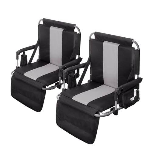GREEN PARTY Stadium Seat for Bleachers Portable Outdoor Floor Folding Stadium Chair with Armrest, Back Support, Cup Holder, Mesh Bag and Hide Hooks - color: Black Grey 2