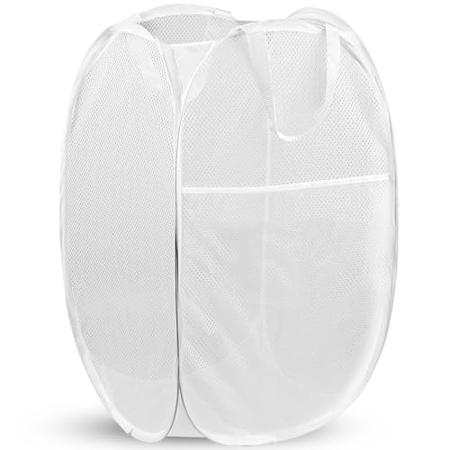 DUCOO Pop Up Laundry Hamper, 70L Collapsible Mesh Laundry Basket with Side Pocket, Foldable Dirty Clothes Hamper with Sturdy Reinforced Handles for Home Dorm Bedroom Travel Bathroom Storage, White - color: White