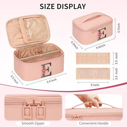 OCHEAL Initial Makeup Bag,Monogram Make up Bag Pink Travel Makeup Organizer Case Beauty Toiletry Cosmetic Bag with Brush Holder, Trendy Stuff Personalized Gifts for Women and Girls-E - color: Pink, style: E