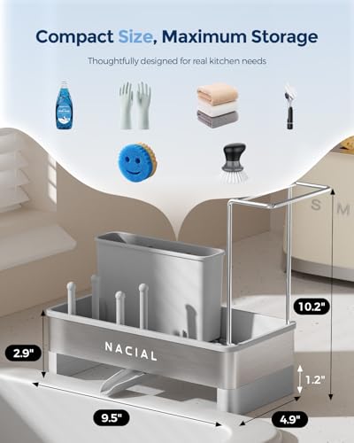 Nacial Sponge Holder for Kitchen Sink, Sink Caddy Organizer with High Brush Holder & Two Towel Racks - Rustproof 304 Stainless Steel Kitchen Countertop Storage Essentials - Gris - color: Gris