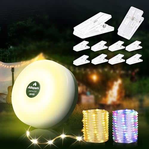 Allspark Camping String Lights Rechargeable, 4 in 1 Quick Storage 32.8FT Outdoor Lights with 8 Lighting Modes,Portable LED Fairy Lights for Decor Tent Garden Party Camping Essentials,with 10 Clips - color: White