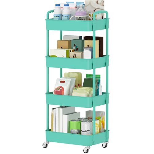 Sywhitta 4-Tier Plastic Rolling Utility Cart with Handle, Multi-Functional Storage Trolley for Office, Living Room, Kitchen, Movable Storage Organizer with Wheels, Green - color: Green, size: 4-tier