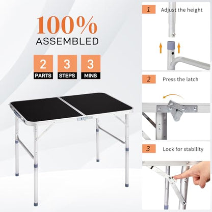 3.0 Ft Folding Portable Camping Table with Adjustable Height Legs, RV Dining Tables, Grill, DJ, BBQ, Dining, Picnic, Cooking, Beach, Garden, Black - color: Black, size: 3 FT
