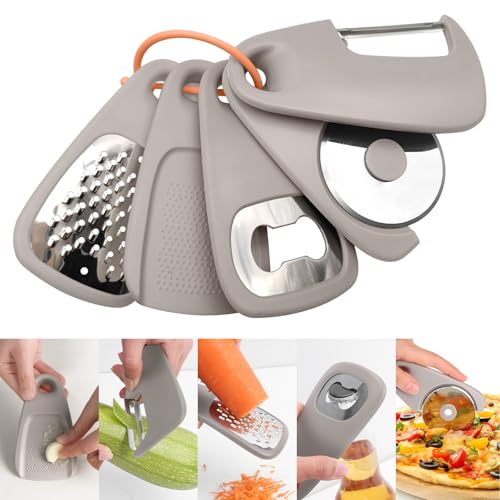 5 Pack Kitchen Gadgets Set,Cheese Grater, Bottle Opener, Fruit Vegetable Peeler, Pizza Cutter, Garlic Ginger Grinder,Stackable Cooking Tools Space Saving for Kitchen.