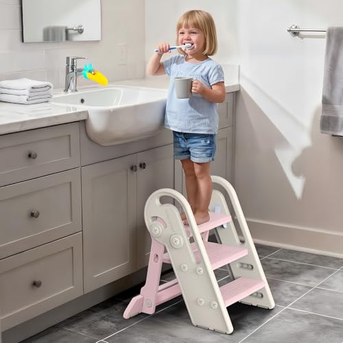 Onasti Foldable Step Stool for Kids & Toddlers, 3 Step Convertible to 2 Step with Handles, Training Stool for Bathroom Sink & Kitchen Counter, Non-Slip Stable Step Stool for Growing Children- Pink - color: Baby Pink