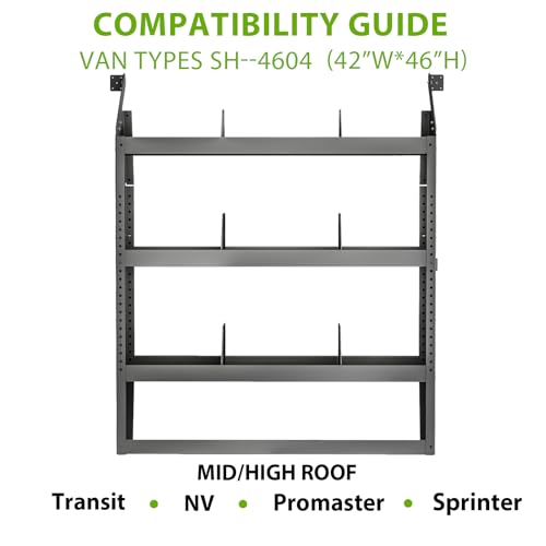 Cargo Van Shelving System 42" L x 13" W x 46" H, Sturdy Steel Van Storage Shelves for Ford Transit, NV200, Chevy City Express, RAM Promaster City, Cargo Van Organizer Racks. - size: 42" L x 13" W x 46" H