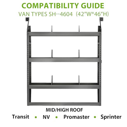 Cargo Van Shelving System 42" L x 13" W x 46" H, Sturdy Steel Van Storage Shelves for Ford Transit, NV200, Chevy City Express, RAM Promaster City, Cargo Van Organizer Racks. - size: 42" L x 13" W x 46" H