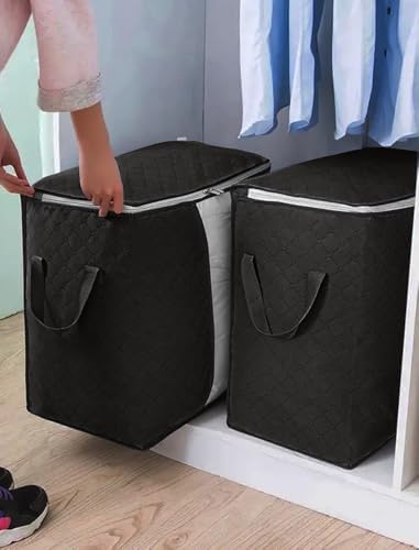 2-Pack Heavy-Duty Storage Bags with Zipper | Waterproof Moving & Travel Storage Organizers | Foldable Reinforced Handles for Clothes, Bedding,Blankets | Space-Saving,Horizontal Style,Black - color: Black