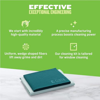 E-Cloth Microfiber Window Cleaning Cloth Kit - Glass Cleaning Cloth for Windows, Mirrors, Cars, Lenses, Eyeglasses, & More, Streak Free Clean, Machine Washable Reusable Towel - Green