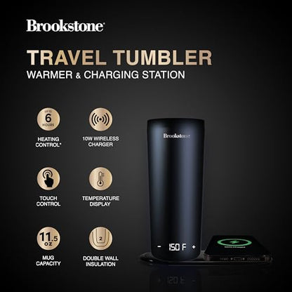 Brookstone Smart Self Heating Travel Mug & Wireless Phone Charging Station - 11.5oz Temperature Control Heated Coffee Tumbler | 6Hr Battery for Continuous Warmth | Double-Wall Stainless Steel - Black - color: Black Tumbler