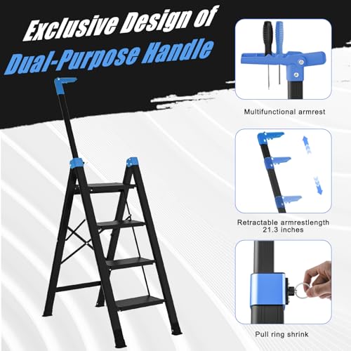 4 Step Ladder,Extendable Single-Handrail Lightweight Aluminum Step Ladder 4 Step Folding,600lbs Max Load Capacity for Household,Kitchen,Office (Blue) - color: Blue, size: 4 steps