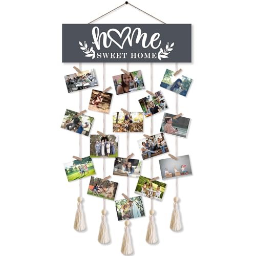 Home Sweet Home Hanging Photo Display Board With 16 Clips 5 Strings,Rustic Style Picture Collage Frames Wall Decor Wood Hanging For Home Décor,Housewarming Gifts - color: Home Sweet Home