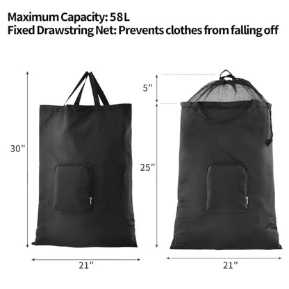 Travel Laundry Bags, 2Pcs JHX Foldable Dirty Clothes Bag 【Upgraded】 with Fixed Drawstring Net, Handles and Carabiner, Portable Laundry Bags for Travel and Fitness (Dark-Black) 30"H x 21"W - color: Dark-black