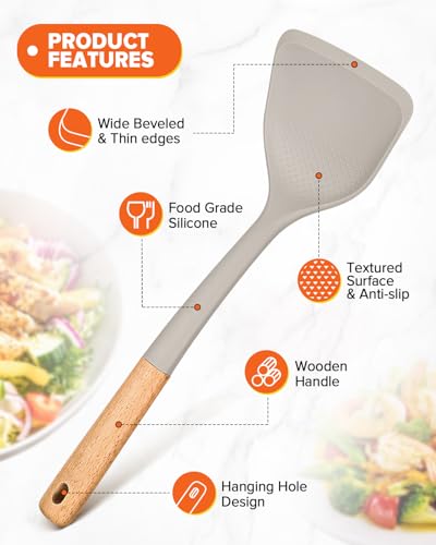 Silicone Cooking Utensils Set, Perfectly Angled for Frying, Mixing,Serving,Draining,Turning and Stirring, BPA-Free Matte Silicone, Wood Handles, Safe for Nonstick Cooking Surfaces,4 Pack (Khaki) - color: Khaki