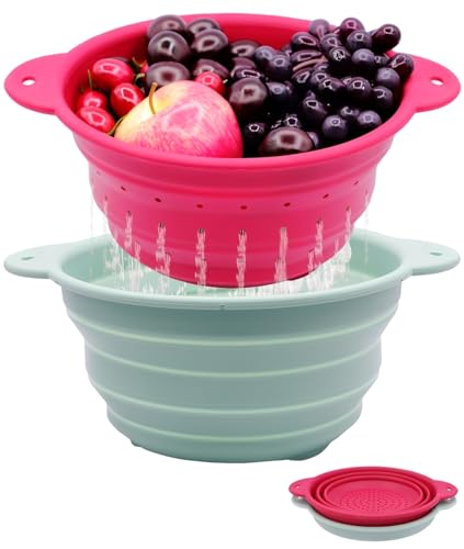 Collapsible Silicone Colander Bowl Set,BPA Free, Heat Resistant, Stainless Steel Nesting, Portable Washing Basket Strainer Drain Basin for Pasta, Vegetable and fruit, Kitchen, Camping, Hiking - color: Red+Green