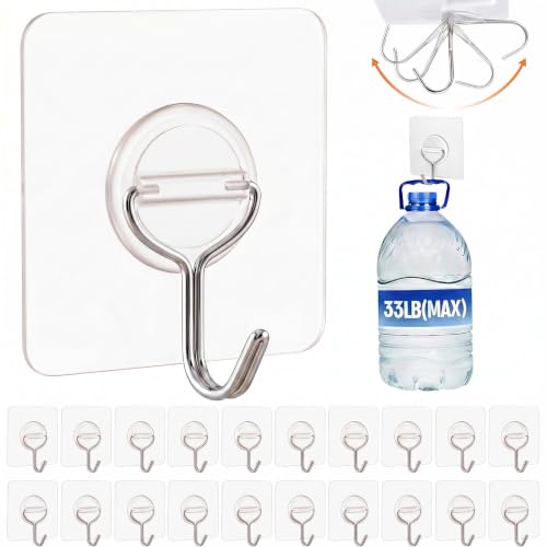 Adhesive Wall Hooks for Hanging Heavy Duty 33lb(Max), Waterproof and Rustproof Transparent Self Adhesive Hooks for Bathroom Kitchen Outdoor and Home Improvement -24 Pack - size: 01-Clear-24Pack